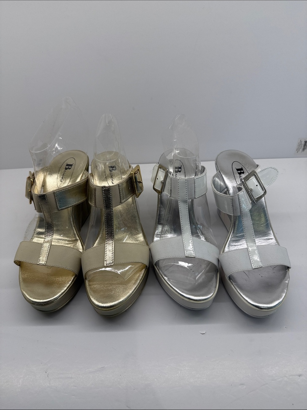 Browns Couture Metallic T-Strap Wedge Sandals with Buckle - Gold & Silver